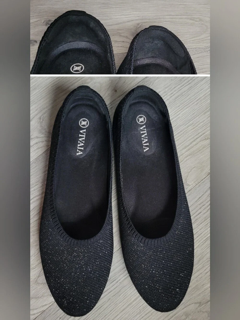 Vivaia Claire Round Toe Black Metallic Shimmer Ballet Flats, Women US 6.5 EU 37